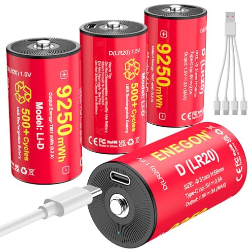 ENEGON Set di 4 batterie ricaricabili D – 9250 mWh 1,5 V al litio D (LR20) con cavo di ricarica USB-C per lampade da campeggio, luci a LED e giocattoli
