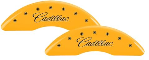 MGP Caliper Covers - Brake Caliper Covers Compatible with 2013-2019 Cadillac XTS (Requires 19+ Wheels) Powder-Coated Finish, 4 PCS Front and Rear (Yellow - Cadillac Cursive Engraving)