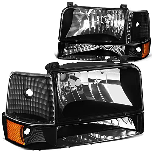 DNA Motoring HL-OH-F15092-6P-BK-AM Black Amber Headlights Replacement For 92-96 Bronco F150 F250 F350