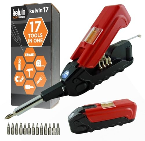 KELVIN 17-in-1 Schraubendreher Set mit 12 Präzisionsbits, Maßband, Hammer und weiteren Gadgets für Männer - Vielseitiges Multi-Tool Feinmechaniker Werkzeug Set für Heimwerker