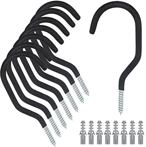 KURUI Heavy Duty Screw Hooks for Hanging Plants, Outdoor String Lights, Bike, 8 Pack Large Ceiling Hooks for Garage Organization and Storage, Black No Drill Wall Hangers