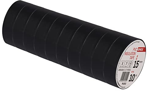 EMOS PVC Insulation Tape, Black, Pack of 10, 15 mm x 10 m, 0.13 mm Tape Thickness, Self-Adhesive, High Tensile Strength and Application Temperature Range, UV-Resistant, Waterproof Connection, Without