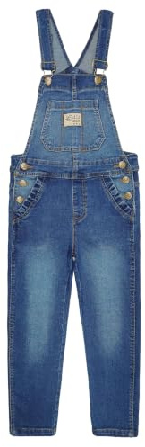KIDSCOOL SPACE Jeansoverall för flickor, mjuk stretchig tvättad jumpsuit med fickor med lapel och stor haklapp, Blå, 7-8 år