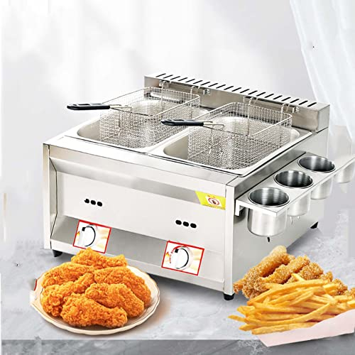 NYDCTHOM 8L + 8L Doppel Fritteuse,Gasfritteuse mit großem Fassungsvermögen,Edelstahl Küchen Kommerzielle Tiegelfritteusen Doppel Fritteuse,mit Doppelkorb und Deckel,einstellbare Temperaturregelung
