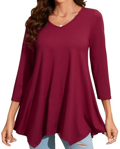 Enmain Maglietta Donna Tunica Manica Lunga Scollo V Rosso Vino Top Tunica Maniche a 3/4 Maglia Taglie Forti Magliette Donna Elegant Camicetta,Borgogna 2,2XL