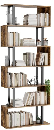 Gadroad 6 Tier Geometric Bookcase,S Shaped Bookshelf, Wood Decorative Storage Shelving, Modern Freestanding Display Shelves, Tall Book Shelf Unit for Living Room Bedroom, Rustic Brown