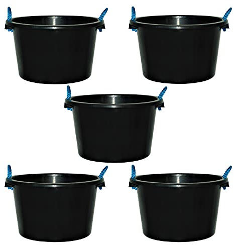 Set of 5, 70L Litre Extra Large Strong Plastic Plasterer Mixing Cement Muck Bucket with Rope Handle Builders Bucket Versatile Water Storage Tub Ideal for Construction, Animal Feeding, Garden (Black)