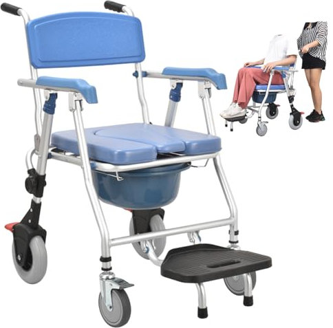BOVDC Silla Ducha WC con Ruedas Plegable, 3 en 1 Silla para WC y Ducha, Azul Silla De Ruedas para Ducha Asiento Blando para Personas Mayores y discapacitadas