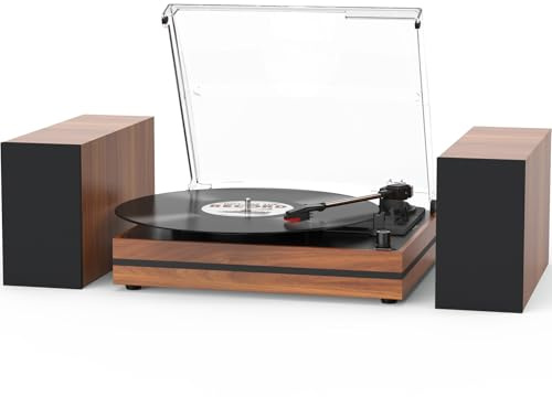 Vintage Record Player with External Speakers Belt-Drive Turntable for Vinyl Records Dual Stereo Speakers LP Players Support 3 Speed 3 Size Wireless Playback AUX Headphone Input Auto Stop Wood Red
