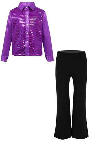 inlzdz Completi Hip Hop Jazz per Bambini Paillettes Button Down Camicia da Danza Classica T-Shirt + Pantalone per Ballo da Sala Danza Standard Latino Americano Viola 5-6 anni