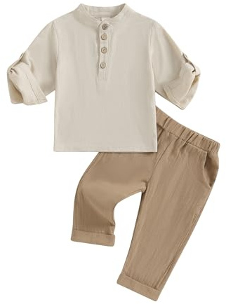 Bambini Ragazzi Estate Cotone Lino 2pcs Abiti Bottoni Camicie a Manica Corta con Pantaloni Lunghi Colore Clash Abbigliamento Set, A-cachi, 18-24 Months