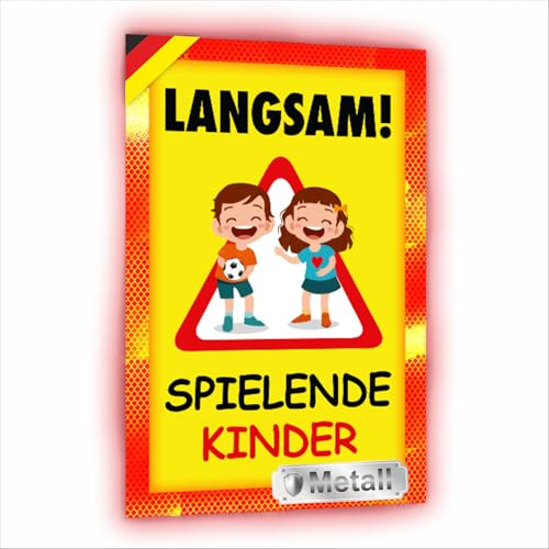 Sachverständigen-Zubehör® Achtung Kinder Sicherheit Schild XXL aus Metall [3 mm] mit Reflektoren [reflektierend leuchtend] Verkehrsschild Warnschild 30 x 20 cm Pylonen Warn Aufsteller Spielstrasse