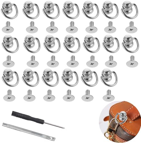 RXKFIGX 20 Pcs D Rings for Purse, Crossbody Conversion Kit, D Ring Stud Screw Ball Studs Rivets, Silvery Metal Bag Hardware for Leather Purse Straps Handbag DIY Craft 20x11mm