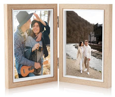 Baieye Bilderrahmen Doppelt Klappbare,Fotorahmen 10x15cm,Doppelbilderrahmen Holz,für Tischaufsteller oder Geschenke (Original Holz)