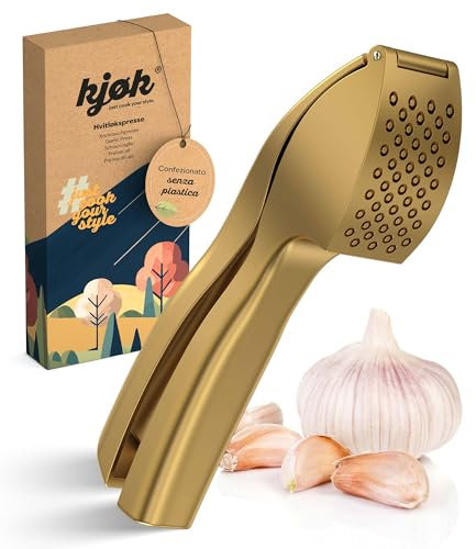 kjøk Premium Schiaccia aglio in lega di zinco, oro opaco – Pressa per aglio professionale da cucina, lavabile in lavastoviglie, pratica & dal design elegante – Garlic Pro Press, facile da pulire