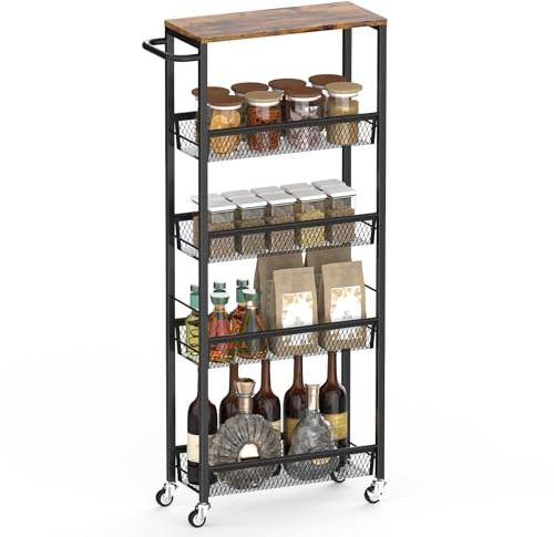 Chariot de Rangement à Roulettes 5 Niveaux Étagère Métal et Bois - 18.5cm Ultra-Fin pour Espaces Étroits, Cuisine, Salle de Bain, Buanderie - 4 Roues Universelles Amovibles + Pieds Fixes Inclus
