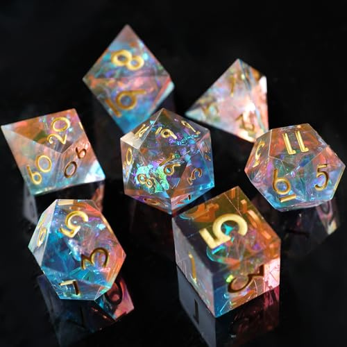 Elifel DND tärning set 7 stycken handgjorda harts skarpa kant tärningar för fängelsehålor D4 D6 D8 D10 D12 D20 D% Dragons MTG Ttrpg Pathfinder RPG tärning rollspel med presentförpackning
