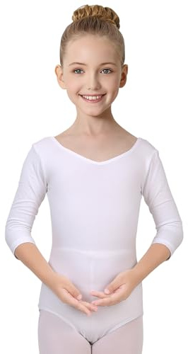 ANTLOOWW Body da Balletto per Bambine con Maniche A 3/4 Body da Balletto in Cotone con Scollo A V Body da Ginnastica per Bambine E Donne Taglia 110-170 (Bianco, 120)