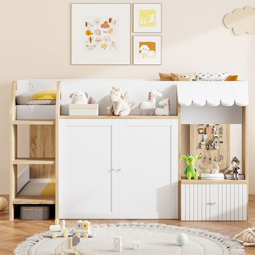 NNJN Cama infantil de 90 x 200 cm, con espacio de almacenamiento abierto, con escalera, cama alta para niños, de madera maciza, sin colchón (color madera + blanco)