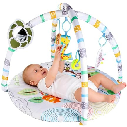 Spielbogen – Matte | Erlebnisdecke mit Hängespielzeug – Faltbares Aktivitätsset für Kleinkinder Tummy Time Training – Rundes Design Waschbar Rutschfest Pädagogisches Lernset Bunt