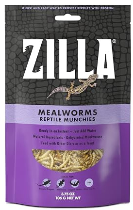 Zilla Reptile Munchies, Mealworms, All-Natural, Dehydrated Mealworms, Ideal for Bearded Dragons, Leopard Geckos, Chameleons and other lizards, Resealable Bag