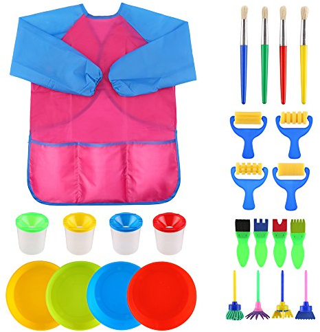 VEYLIN Kids Painting Set - 25 Paint Brushes Sponges Paint Bowls Spill Proof Paint Pots Kits with Apron for Toddler Art Crafts