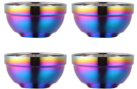 Large Rainbow 304 Stainless Steel Bowl Set of 4, Double-Walled Heat Insulation Anti-Scalding Kitchen Soup Bowls, Drop Resistance Children Bowl Salad Bowl Set for Mixing (5.1 Inches Diameter)