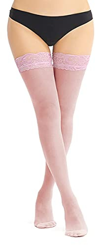 Benefeet Sox Womens Sexy Sheer Silk Pink Thigh High Stockings with Silicone Valentine Non-slip Lace Top 20 Denier Nylon Thin Long Socks Shimmery Transparent Stay Up Pantyhose Tights, Pink