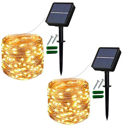 [2 Pack] Guirnaldas Luces Exterior Solar 120 LED, Luces Led Solares Exteriores Jardin, 12 m, 8 Modos, Cadena de luz solar decorativa para balcón, árboles, terraza, Patio, Bodas (Blanco Cálido)