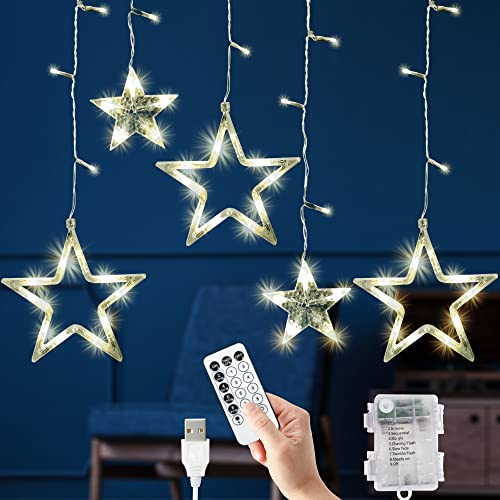 GloBrite Christmas Curtain Lights, 12 Star & 138 LED Lights - Christmas Star Light, 8 Modes - Decorations - Window Lights, USB & Battery Indoor (Warm White)