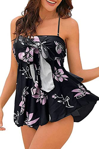 NLAND Costume da Bagno Donna Due Pezzi retrò Tankini Set Push Up Halter Costumi da Mare Stampa Floreale Spiaggia Piscina Beachwear Swimwear(Stampa Nera,XXL)