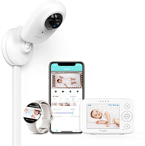 Simyke Video Baby Monitor with App and Screen 1080P Camera, Cry Detection, Lullabies, Two Way Talk, Night Vision, Face Detection, Wall Mount, Connect Smart Watch, Temperature Monitoring, Gift for Baby