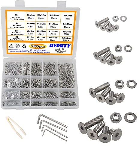 HVDHYY 1065pcs M2 M3 M4 M5 Zylinderschrauben mit Innensechskant Schwenkkopf Schrauben set A2-70 Edelstahl-Sechskopf Maschinenschrauben, Muttern, Unterlegscheiben Sortiment Kit mit Aufbewahrungsbox