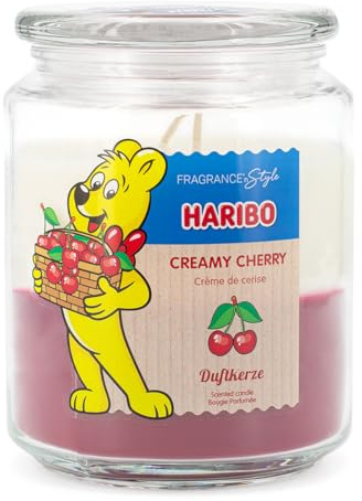 Haribo Duftkerze im Glas | Creamy Cherry 510g | Duftkerze Fruchtig-Süß | 100h Brenndauer | 2 Dochte | Geschenkidee für Frauen | 2 Schicht Kerze