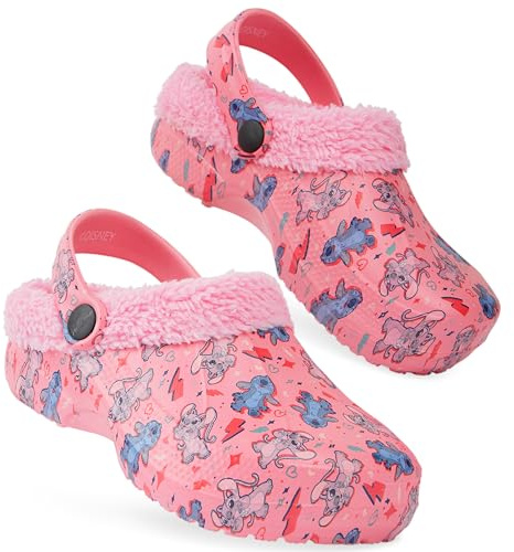Disney Stitch Winter Clogs Fleece Lining & Removable Charms, Kids Garden Shoes Slip On with Strap (Pink Stitch/Angel, 1/2 UK)