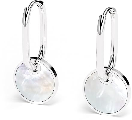 THIORA 'Pearl Oasis' Creolen Silber Damen | Echte Perlmutt Plättchen | Premium Edelstahl Hoops | Zeitlose Schönheit, Geschenk mit Herz