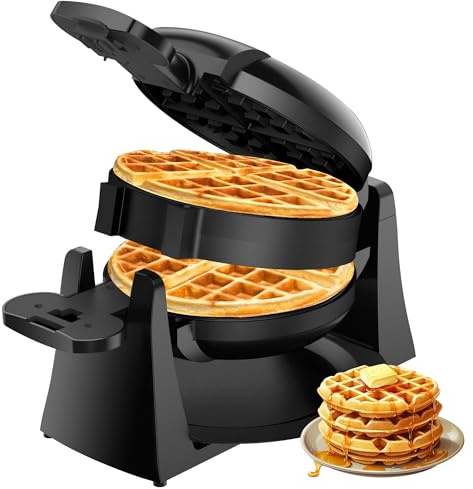 Waffle Maker, 1400W Double Belgian Waffle Iron 180° Flip, 8 Slices, Rotating & Nonstick Plates, Removable Drip Tray for Easy Cleaning, Cool Touch Handles, Space Saving Storage, Black