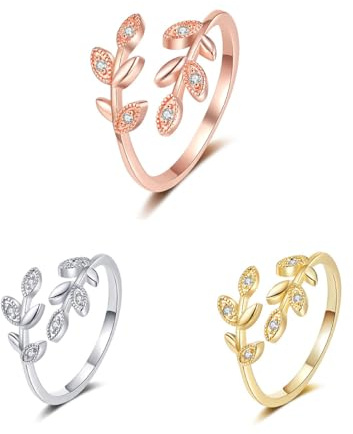 TOFBS 3 st ringar dam silver guld olivblad diamant simulerad zirkon justerbar öppen ring roséguld smycken minimalistisk ring set årsdag födelsedag, Metall