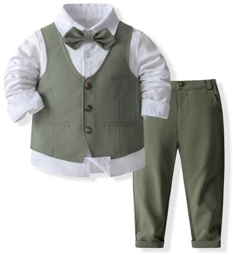IMEKIS Ensemble de 4 pièces pour bébé garçon - Costume gentleman formel - Pour anniversaire, mariage, baptême, smoking - Chemise boutonnée - Pantalon + gilet et nœud papillon, vert foncé, 18-24 mois