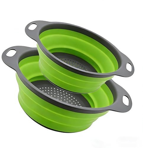 Collapsible Colander Set of 2, Folding Kitchen Strainers with Handles, Space-Saving Over-the-Sink Drainers for Pasta, Veggies & Fruit, BPA-Free, Dishwasher Safe, RV & Camping (Green)