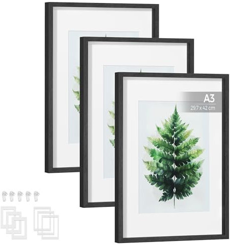 SONGMICS Bilderrahmen 3er Set, Fotorahmen für A3, A4, 28 x 36 cm Bilder, mit Passepartouts, Rahmen, für Wand oder Tisch, Fotogalerie, Glas, MDF, 43,4 x 31,1 cm, aschschwarz RPF064B01