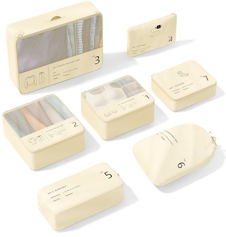 Yomisee – Resväskförvaring, 7 stycken packkuber, klädväskor, resväskor, packpåsar för resväskor, beige