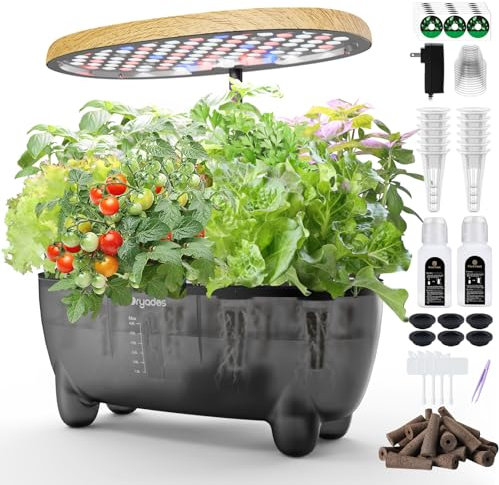 DRYADES Hydroponic Growing System Kit 12 Pods, Smart Herb Garden Planter with 24W Full Spectrum LED Grow Light, Indoor Garden Planter for Home/Office/School (Wood Grain)