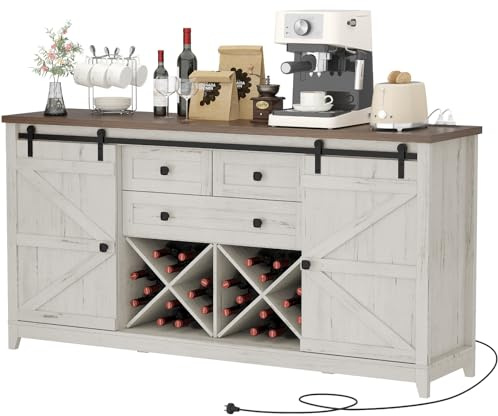 Lifewit Sideboard im Landhausstil, Küchenschrank mit Schiebetür, Buffetschrank mit 2 Steckdosen/2USB-Anschlüssen, Weinregale, 3 Schubladen und 2 Schränke mit Verstellbarem Regal, Rustikales Weiß