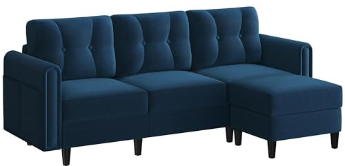 Yaheetech Fabric Sectional Sofa with Ottoman, L-shaped Sofa Couch with Side Pockets or Small Spaces, Reversible 3-Seater Chaise Lounge for Living Room, Home Office, Velvet Fabric, Blue