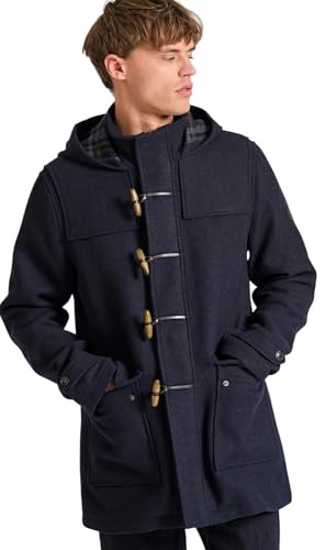 FUNKY BUDDHA Montgomery Manteau mi-long en laine mélangée avec fermeture style duffle pour homme, bleu marine, L