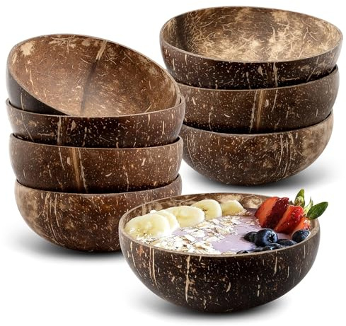 TESIN Set di 8 ciotole di cocco, ciotole di cocco lucidate da 15 oz, ciotole in legno naturale per frullati e insalate per regali vegani e decorazioni da cucina