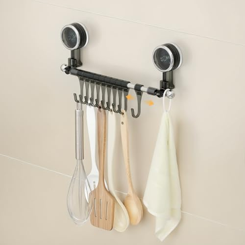 PAVSTINE Support Ustensiles Cuisine Sans Perçage avec Ventouse, 31cm Porte Ustensiles Mural avec 10 Crochets, Barre à Crochets Amovible pour Ustensile Cuisine et Ustensile de Cuisson, Gris