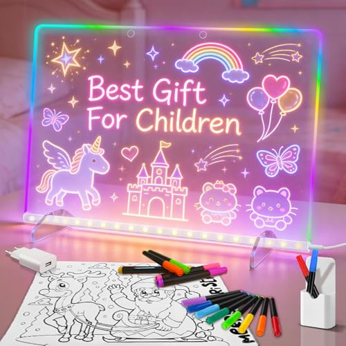 Tablette de Dessin LED pour Enfants avec 14 Feutres Néon, Ardoise Magique Lumineuse, Jouet Créatif pour Filles Garçons 4-8 Ans, Cadeau Anniversaire Noël
