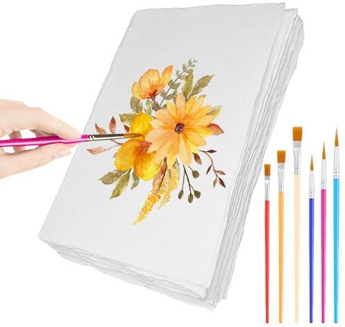 NINGYER 25 Pièces Papier Fait Main, 10,2x15,2 cm A6 Papier Coton avec 6 Pinceaux de Couleur, Papier Aquarelle Fait Main pour Peintures, Croquis, Invitations à Faire Soi-Même, Cartes Postales (Blanc)